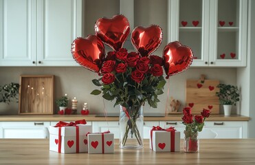 Heart shaped balloons and roses in a modern kitchen during a romantic occasion