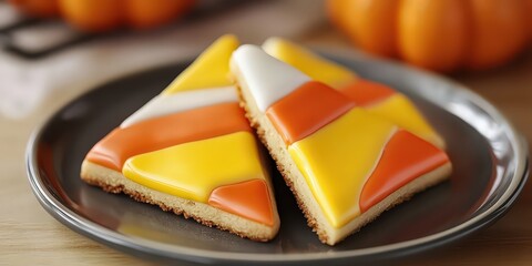  triangular cookie inspired by classic Halloween candy corn, iced in vibrant yellow, orange, and white sections, adding a fun and festive holiday touch.