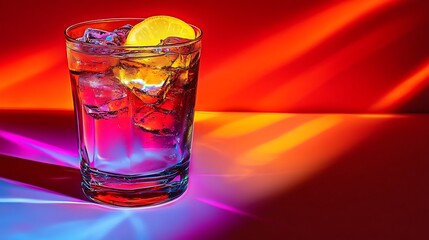 Refreshing Lemon Cocktail in a Tall Glass with Ice on a Red and Purple Background.