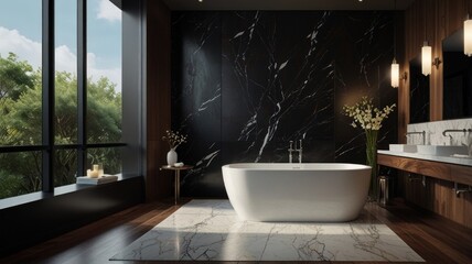 Modern bathroom with a freestanding bathtub, marble floors, and a large window overlooking a green forest.