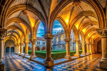 Obraz premium Historic Portuguese monastery hall exudes serenity, showcasing impressive stone archways and gracefully arched ceilings, creating a peaceful space for reflection and quiet contemplation.