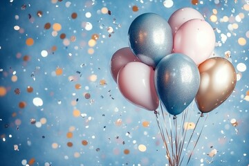 Fototapeta premium Colorful balloons with confetti create a festive atmosphere for celebrations, captured against a dreamy blue background
