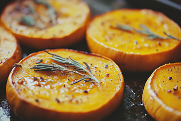  sliced butternut squash or pumpkin garnished with red pepper and rosemary
