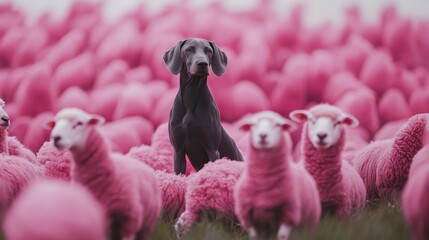 Fototapeta premium Weimaraner Dog Sitting Among a Flock of Pink Sheep in a Surreal Pastel Scene