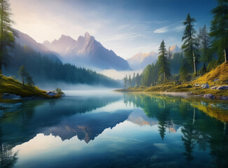 Serene Mountain Scenery with Glassy Lake Reflection