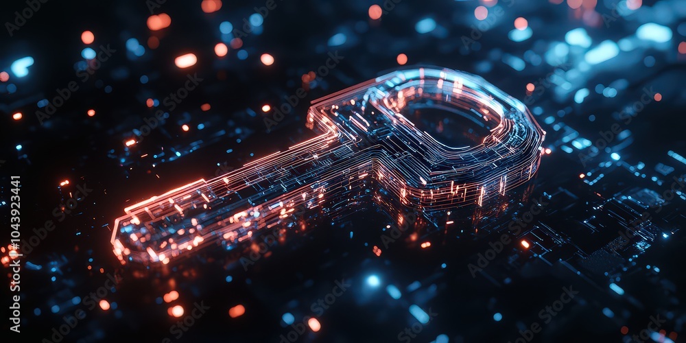 Wall mural transparent digital key glowing in neon lights, symbolizing secure access and cybersecurity in a hig