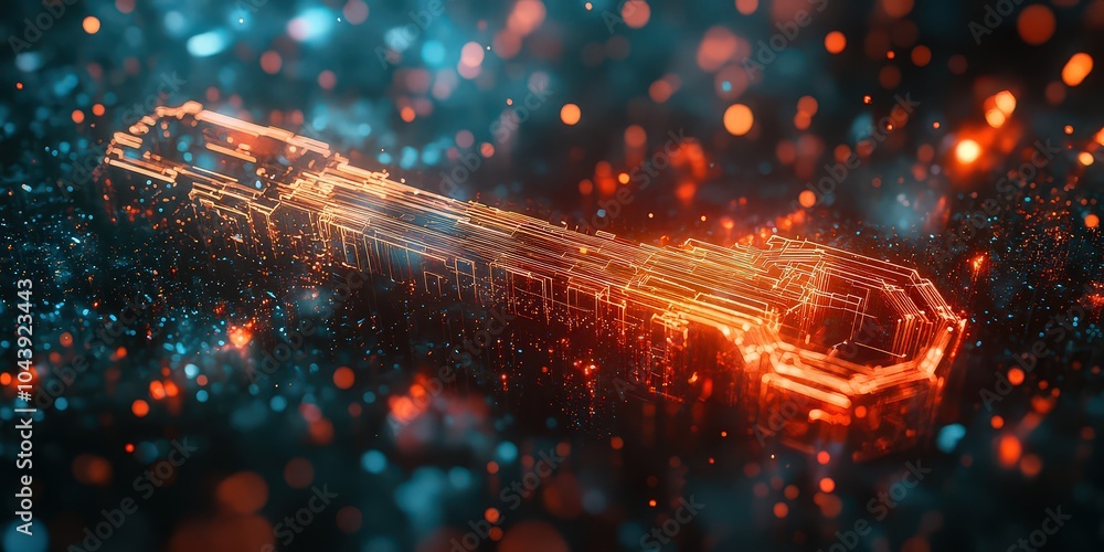 Wall mural conceptual digital key made of translucent, glowing holographic lines, representing futuristic techn