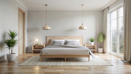 Scandinavian minimalist bedroom with simple double bed, neutral colors, light birch wooden floor