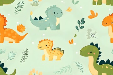 dinosaur seamless pattern tropical kids party textile wallpaper brontosaurus tyrannosaurus illustration decoration
