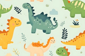 dinosaur seamless pattern tropical kids party textile wallpaper brontosaurus tyrannosaurus illustration decoration