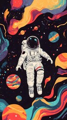An astronaut floating in space, surrounded by colorful planets and galaxies, illustrated with flat design elements.