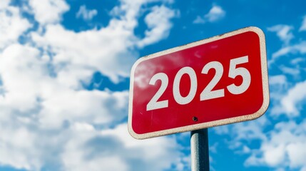 Obraz premium 2025: A red road sign with white lettering against a backdrop of blue sky and fluffy clouds, proclaiming the year 2025. A powerful symbol of hope and anticipation for the future.