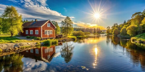 Fototapeta premium Scandinavian landscape with red house, river, and sunshine