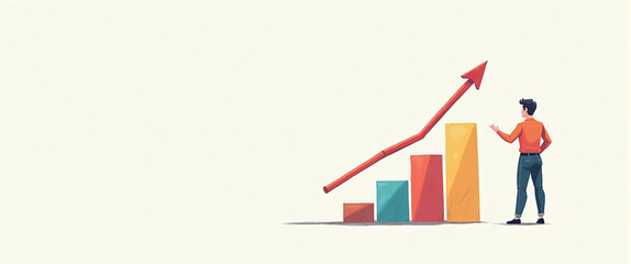 Graphic illustration of a person standing next to a block diagram, constantly growing capital and increasing profit from money deposits, success model
