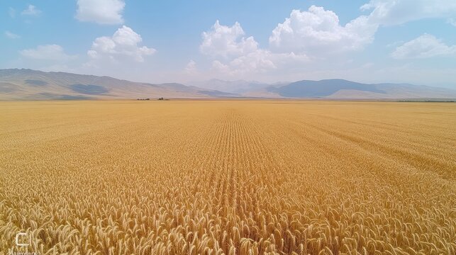 An aerial view of a vast field of golden wheat, stretching out to distant mountains under a clear blue sky.