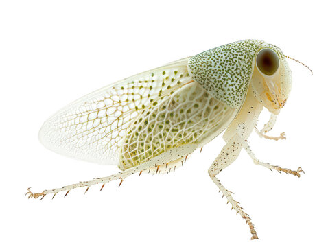 Close-up of a treehopper with intricate wing patterns against a white background.