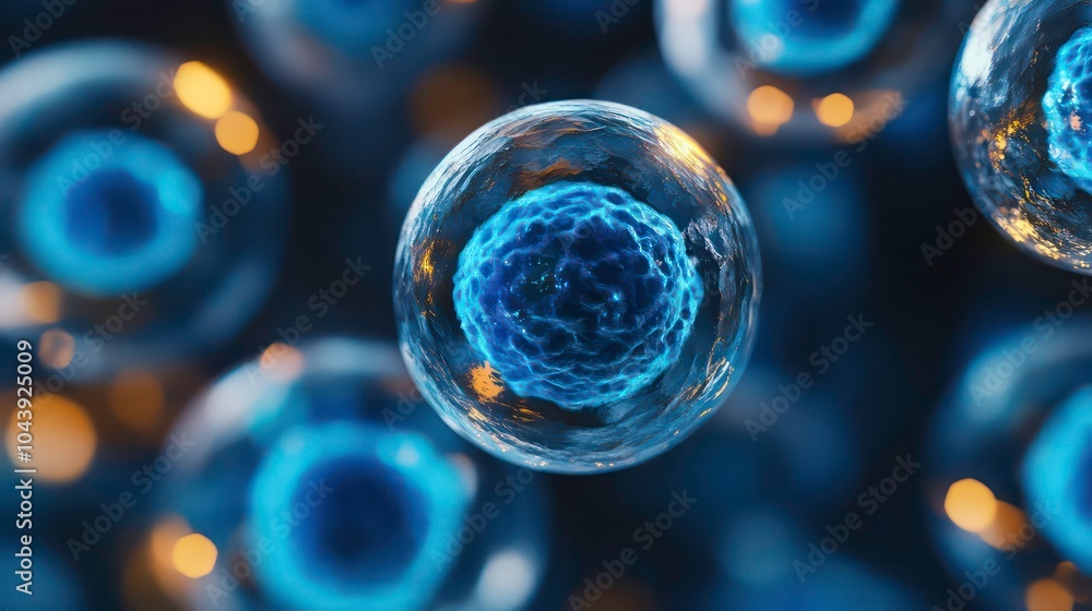Aufkleber A close-up shot of a microscopic view of a cell. The cell is in focus and appears to be glowing blue. There are other cells out of focus in the background.