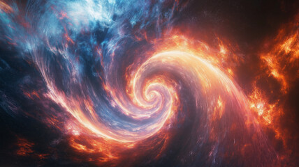 Spectacular spiral galaxy formation with swirling orange and blue cosmic clouds in deep space with dramatic nebula effects