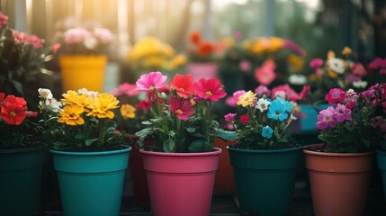 Colorful potted flowers in a garden setting with a blurred background.