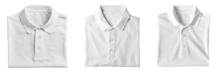 Three basic white neatly folded polo-shirts and with hanger are displayed on a transparent background. Mockup of isolated clothes for an advertisement or poster design.