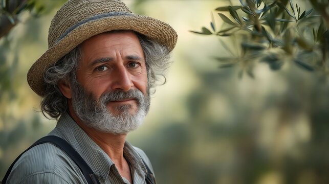 A man with a hat and a beard standing in front of an olive tree - Powered by Adobe