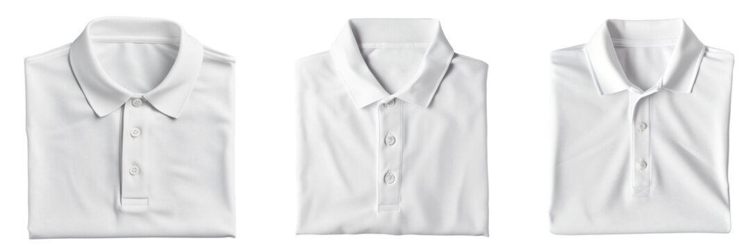Three basic white neatly folded polo-shirts and with hanger are displayed on a transparent background. Mockup of isolated clothes for an advertisement or poster design.