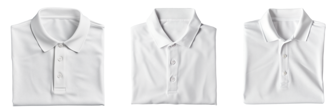 Three basic white neatly folded polo-shirts and with hanger are displayed on a transparent background. Mockup of isolated clothes for an advertisement or poster design.