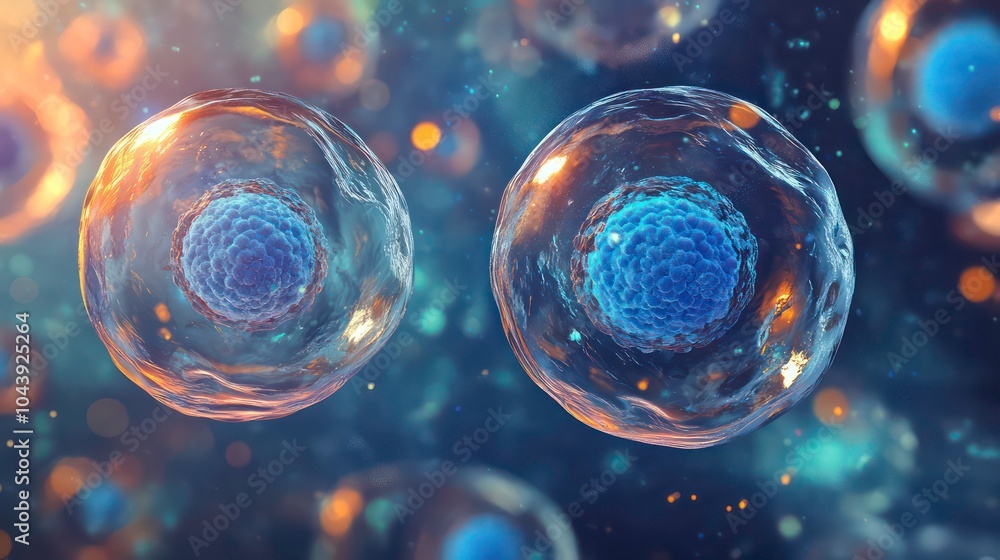 Poster close-up of two round cells with a nucleus inside, surrounded by other cells.