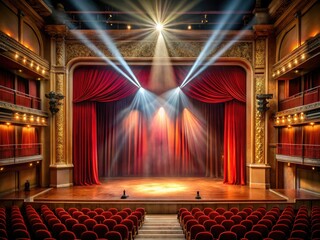 Illuminated by spotlights, red theater curtains transform architectural photography, adding a dramatic touch that highlights design elements while enveloping the scene in rich color and ambiance.