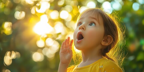  Little girl looks up with wide-eyed wonder, bathed in warm, golden sunlight as she stands in nature, capturing a moment of pure surprise and curiosity.