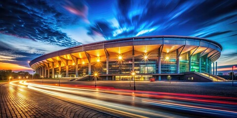 Illuminated Stadium Exterior at Night - Dramatic Architectural Lighting for Sports Arenas