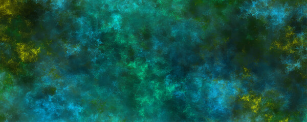 Abstract sea green watercolor hand painted watercolor. Grunge marbled pattern and rough paint brush strokes in yellow powder explosion, isolated on dark cosmic powder Scattered Copy Space messy.	