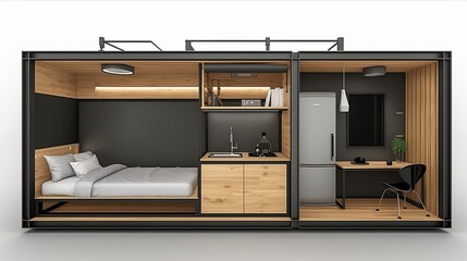 Modern Compact Living Space Design Featuring Bedroom, Kitchen, and Workspace in a Minimal Style