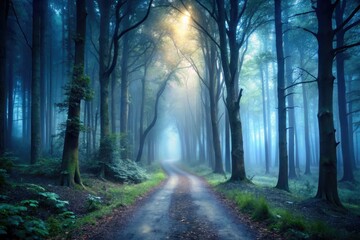 Fototapeta premium Immerse yourself in a spooky forest path enveloped in fog, ideal for urban exploration videos. This , looping background evokes mystery and adventure at every turn.