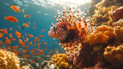 Obraz premium Colorful underwater scene with a lionfish and coral.