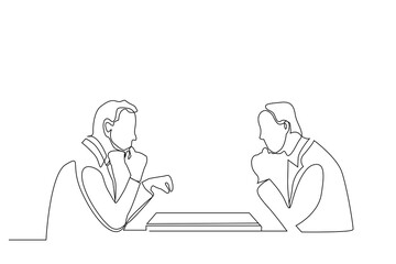 two serious male friends businessman playing chess making strategy plan one line art design vector