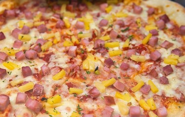 Macro view Pizza Pie in a store window