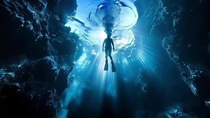 Silhouette of a diver exploring submerged depths with beams of light.