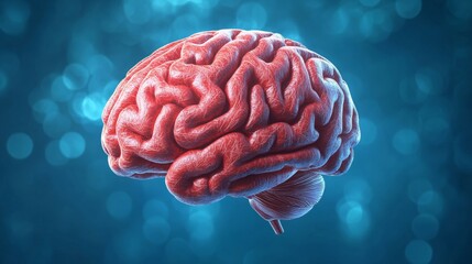 Obraz premium Red engraved brain illustration on a blue background, symbolizing knowledge, intelligence, and mental focus in a scientific approach. 