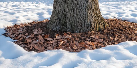  Tree trunk surrounded by fallen autumn leaves in snow, capturing the contrast between the remnants of fall and the arrival of winter.
