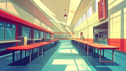 Empty Hallway with Red Tables and a Bright Ceiling.