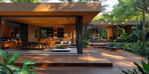 wooden deck made of rich, warm-toned timber extends from the back of the house, providing a view of a lush, green garden, offering an inviting outdoor space.