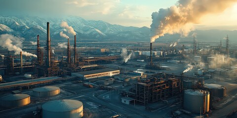  View of a large industrial site with chimneys releasing smoke, signifying ongoing production activities.