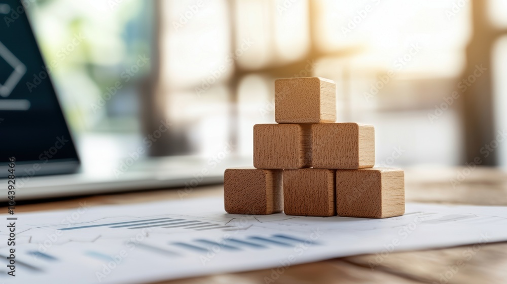 Poster a stack of wooden blocks on a business report, symbolizing growth and strategy in a modern workspace