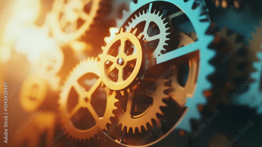 Poster precisely interlocking gears: a mesmerizing close-up of intricately designed gears, bathed in warm, 