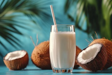 Coconut milk sits in a glass next to fresh coconuts on a vibrant blue background