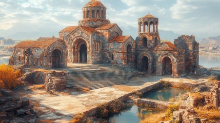 Fototapeta premium Ancient stone church on a hill overlooking a lake with fall foliage.