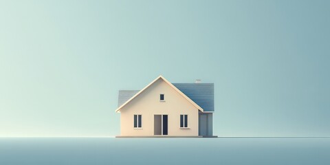  Simple, minimalistic house in the middle of a vast, serene landscape, evoking calmness and isolation with a clean, modern design.