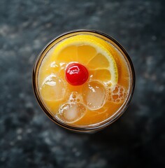 Refreshing cocktail served in a glass with ice and garnished with a cherry and lemon slice