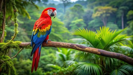 Fototapeta premium Scarlet macaw perched on branch in rainforest parrot POV